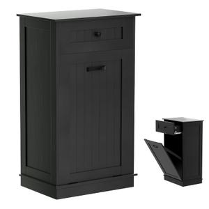 Wooden Tilt Out Trash Cabinet Bin, Dog Proof Garbage Can Holder, Kitchen Island with Laundry Hamper, Black