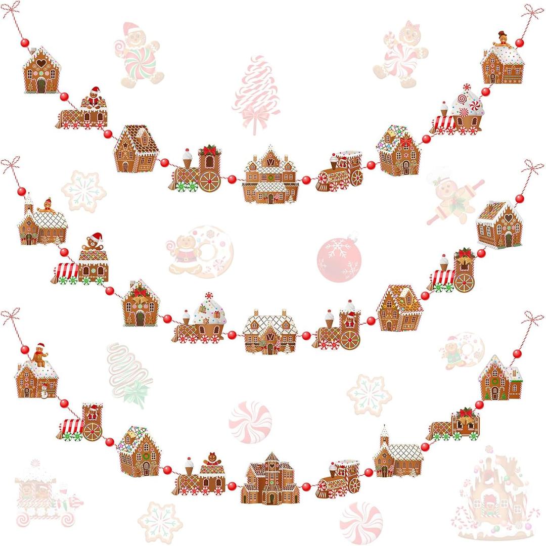 Blulu 9 ft Gingerbread House Garland Christmas Gingerbread House Train Decorations Christmas Banners Candy Garland Hanging Ornaments for Xmas Tree Kitchen Wall Decor