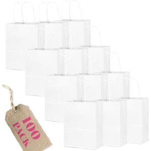 qiqee 100Pcs Small White Paper Gift Bags with Handles 8.26"6"3.15" Gift Bags Multiple Uses