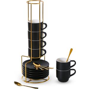 Lareina Porcelain 3-Ounce Espresso Cups Set of 6, Small Stackable Coffee Cups with Saucers, Spoons and Metal Stand - Ceramic Demitasse Mugs, Double Shots Expresso Cup, Matte Black