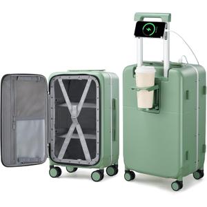Hanke 28 Inch Luggage with Cup Holder and Charge,Top Opening Hard Shell Suitcases with Wheels and Dividers,Aluminum Frame Trunk Luggage Extra Large Suitcase with Lock for Travel,Forest Green