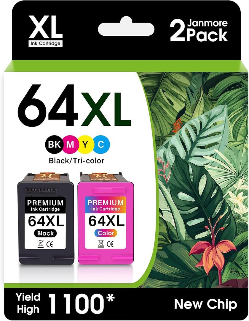 JANMORE 64 XL 64XL Black and Color Ink Cartridge Combo Pack Replacement for HP 64XL Ink Compatible for HP 7855, 7858, Envy Photo 7855 7858 7800 7100 7155 6255 7164 Inspire Tango Printers