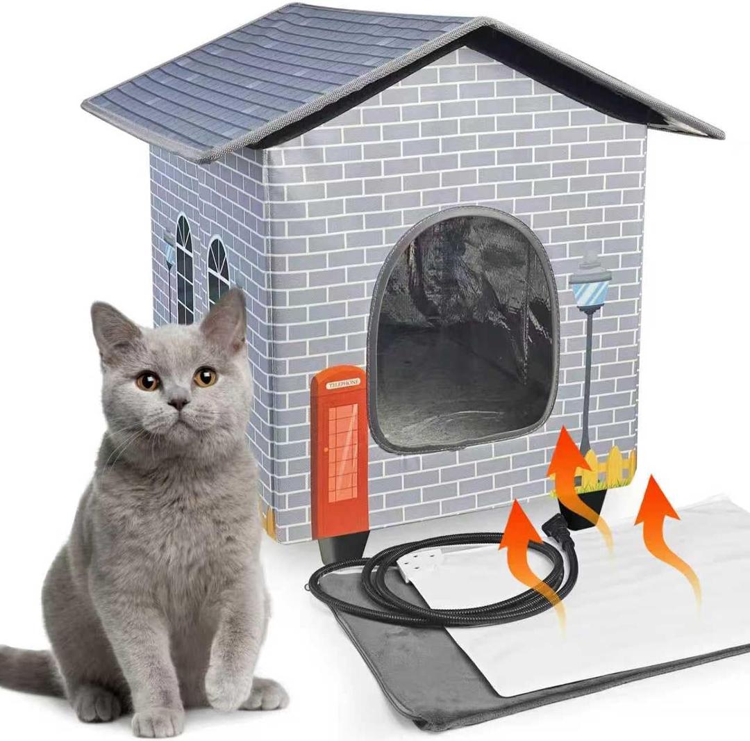 NAMOTEK Elevated Heated Cat Houses for Indoor/Outdoor Cats with Heated Cat Bed Waterproof， Insulated Providing Safe Feral Cats, Easy to Assemble Small(15" x 13" x18), Grey