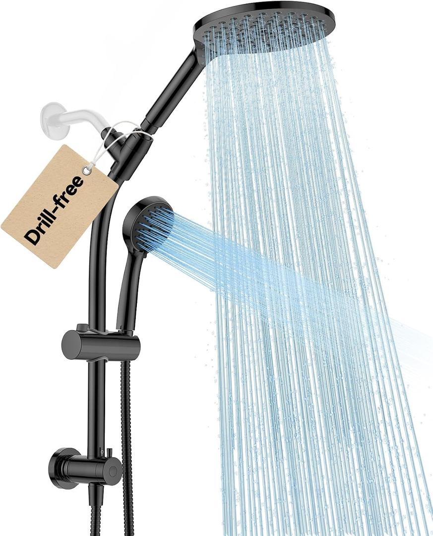 MakeFit Drill-free Dual Shower Head with Handheld Combo Rainfall Shower Head Easy Reach 3-way Diverter Stainless Steel Slide Bar with Height Adjustable Holder Adjustable Rain Showerhead (Black)