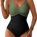 Pink Queen Women One Piece Swimsuit 2026 Patchwork Twist Front V Neck Ruched Tummy Control Swimwear Bathing Suits (Green, Medium)
