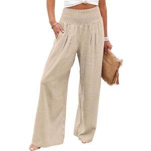 Angerella Womens Elastic High Waisted Palazzo Pants Casual Wide Leg Long Lounge Pant Trousers with Pocket (Small, #1 Beige)