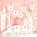 60pcs Daisy Flower Hanging Swirls White Daisy Garland Banners Foil Ceiling Hanging Decor Flower Cutouts Party Supplies for Boho Hippie Groovy Retro Birthday Baby Shower Spring Party Decorations Favor