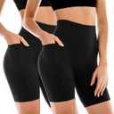 Leafigure 2 Pack Womens Biker Shorts with Pockets, High Waisted Yoga Shorts for Women Running Gym and Workout (Small-Medium, Black/Black)