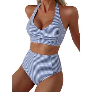 Herseas Women's High Waisted 2 Piece Bikini Sets Halter Patch Pocket Swimsuits Striped Bathing Suit Beach Swimwear 2026 (Blue, M)
