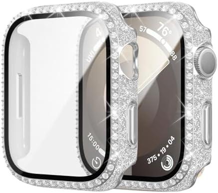 2 Pack Bling Case for Apple Watch SE 2 Series 6/5/4 SE Tempered Glass Screen Protector 40mm, Full rhinestone Diamond Hard PC Cover for iWatch Accessories,Silver, Set of 6