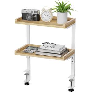 Clamp On Desk Shelf 2-Tier, 12.5 inch Wood Shelving Unit for Office Desk/Gaming Accessories, Tabletop Book Storage Rack, Shelf for Top & Under of Desk, Natural