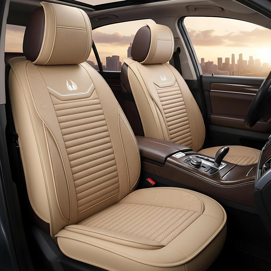 OASIS AUTO Car Seat Covers Full Set, Breathable Hybrid Faux Leather, Luxury Stylish Design Universal Fit for SUV, Sedan, Pick-up Truck, Interior Protectors (OS-008 Tan)