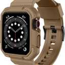 OROBAY Rugged Band Compatible with Apple Watch Band  with Case, Shockproof Strap for iWatch Size: 45mm/44mm/(42mm-series 3 2 1) with Bumper Case Cover Men Women, Desert Tan