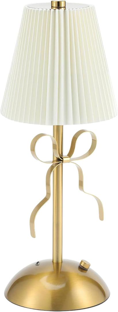 Cordless Table Lamp,Small Desk Lamp with 3 Color,Touch Dimmable Bedsdie Lamps,Bow Lamp with Fabric Shade,LED Night Light for Girls Room Princess Room Decor(Gold)