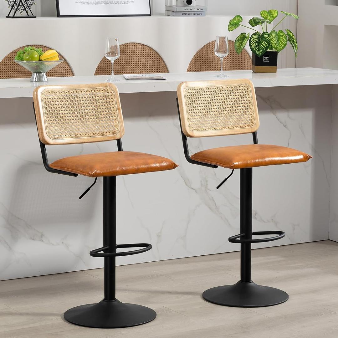 Finnhomy Modern Rattan Bar Stools Set of 2 - Natural Woven Design, Swivel Seat, Footrest, and Cane Backrest, Height Adjustable Bar Chairs for Kitchen Counter and Dining Room, Whiskey Brown (Square Pu Whisky)