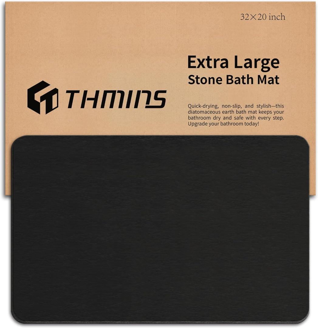 Black Stone Bath Mat, 32''x20'' Non-Slip Diatomaceous Earth Stone Bath Mat, Super Absorbent Quick Drying for Bathroom/Kitchen, Easy to Clean (Black 1 Pack)