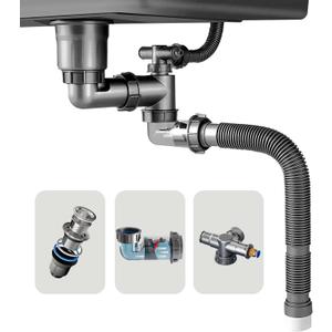 Single Sink Kitchen Sink Drain Kit Space Saving Flexible Drain Pipe Flexible P-Trap Drain Strainer with 3-1/2 Inch Sink Drain Assembly Kit 304 Stainless Steel (Gray)