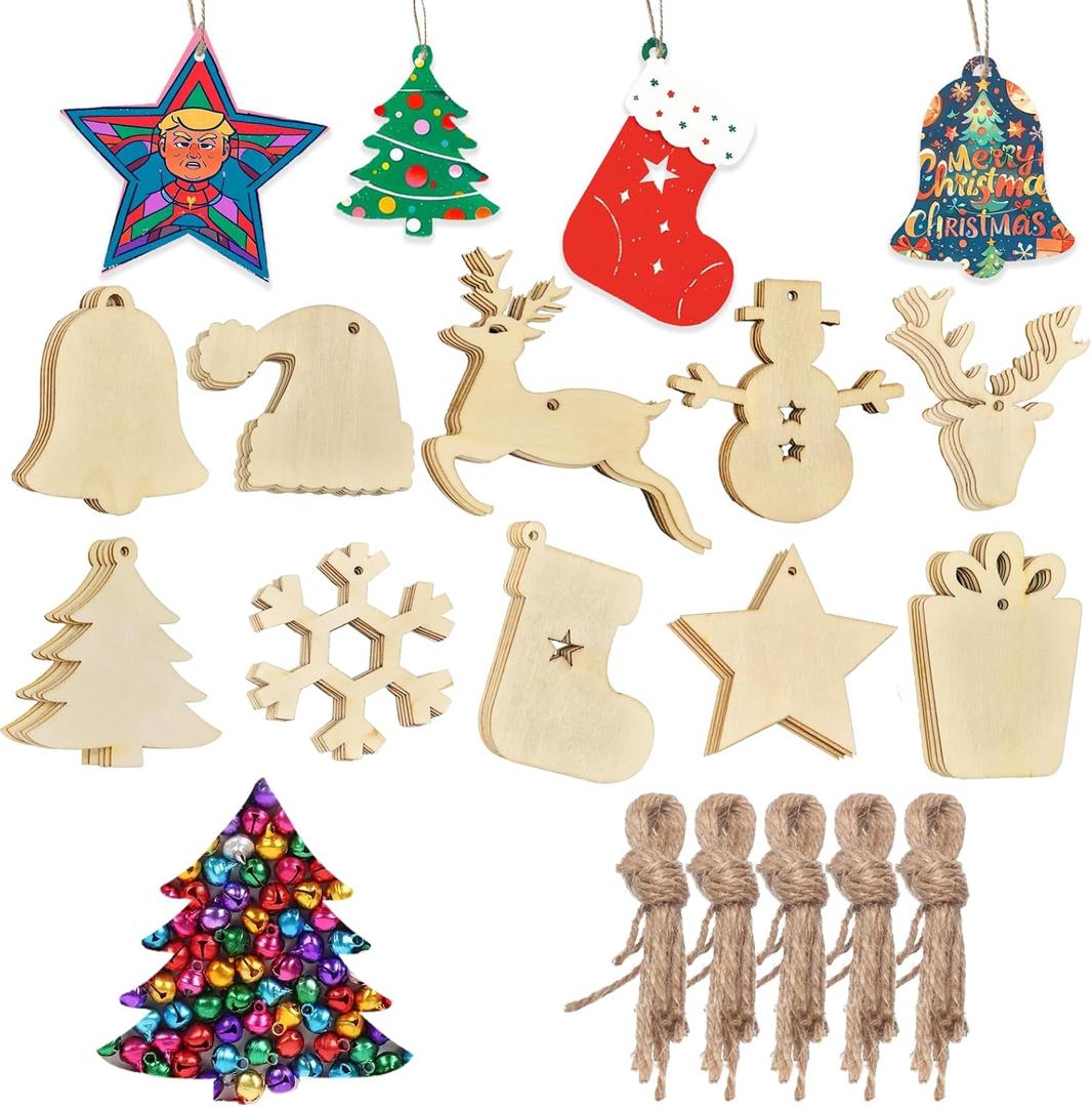 50pcs Christmas Wooden Ornaments for Crafts, 10 New Styles Unfinished Wood Slice Ornaments, Wooden Christmas Ornaments to Paint, Christmas Tree Hanging Ornaments Wood Christmas Decoration DIY Crafts