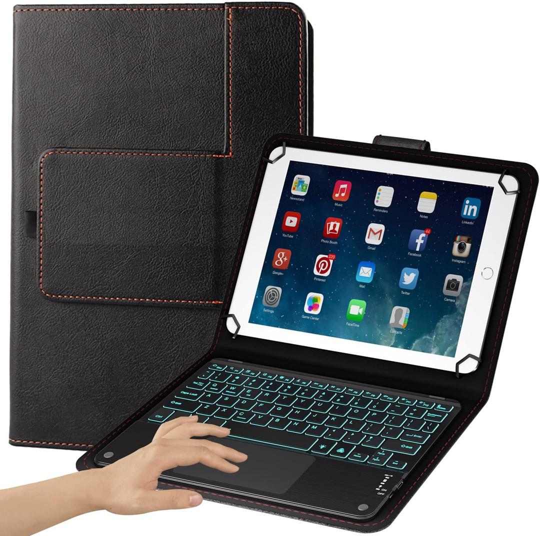 eoso TouchPad Keyboard case for 9", 9.7", 10.1", 10.2", 10.5", 10.9", 11" Tablets, 2-in-1 Bluetooth Wireless Keyboard with Touchpad, 7 Colors Backlit & Leather Folio Cover(Black)