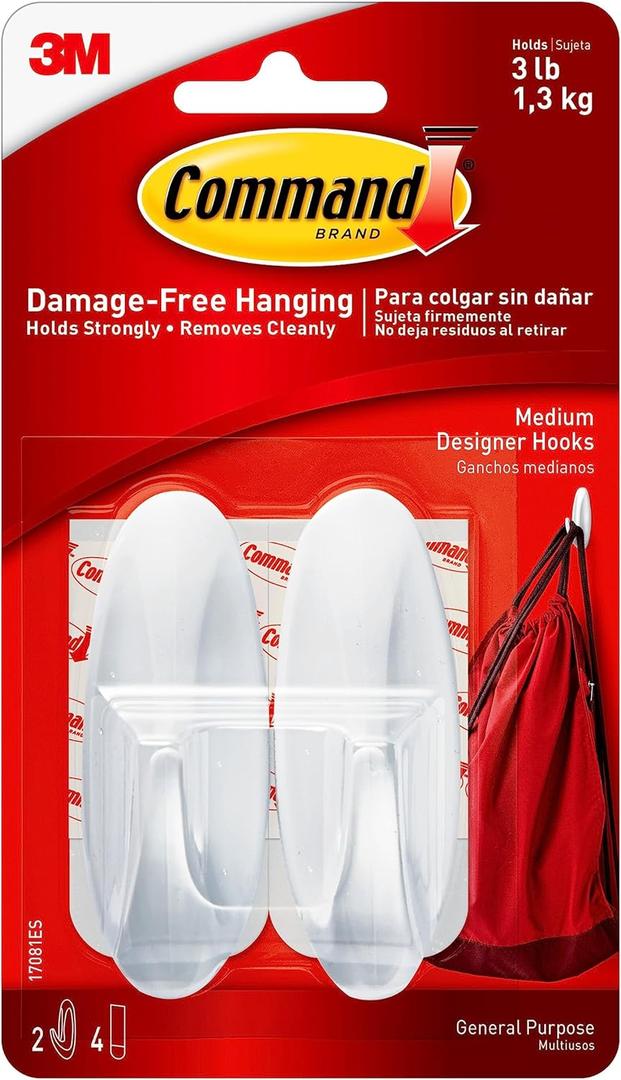 Command Medium Designer Hooks, 2 Hooks and 4 Command Strips, Damage-Free Hanging Wall Hooks with Adhesive Strips, No Tools Adhesive Hooks for Hanging, Organization and Storage, Holds up to 3 lb