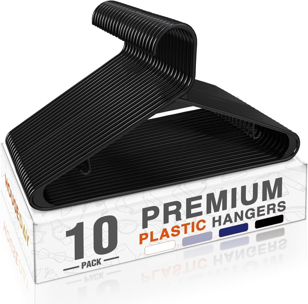 HOUSE DAY Black Plastic Hangers 10 Pack, Plastic Clothes Hangers with Built-in Hooks, Durable and Strong Coat Hanger for Closet, Space Saving Clothing Hanger for Shirts, Coats, Skirt, Dress