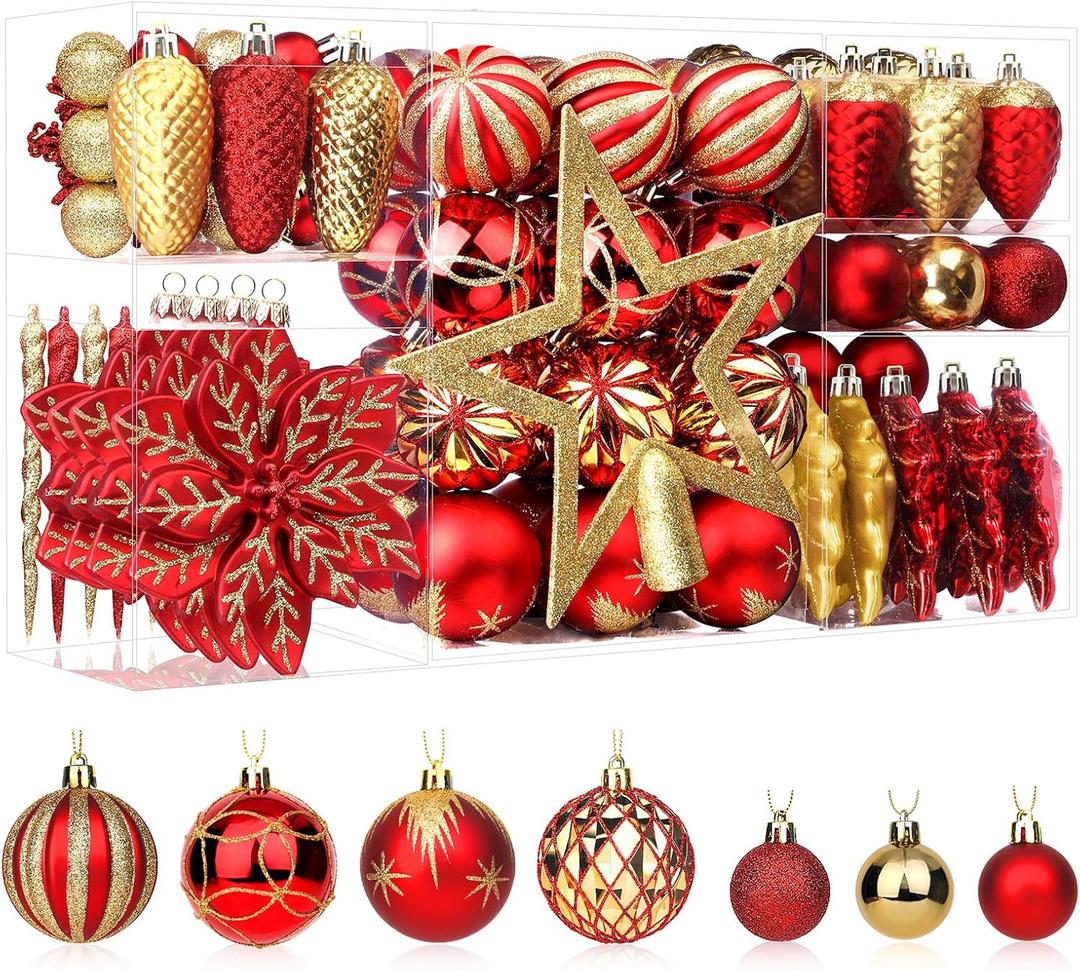 SHareconn 106PCS Christmas Balls Ornaments Set, Colorful Shatterproof Plastic Decorative Baubles for Xmas Tree Decor Holiday Wedding Party Decoration with Hanging Hooks, Red & Gold SHareconn 106PCS Christmas Balls Ornaments Set, Colorful Shatterproof Plastic Decorative Baubles for Xmas Tree Decor Holiday Wedding Party Decoration with Hanging Hooks, Red & Gold
