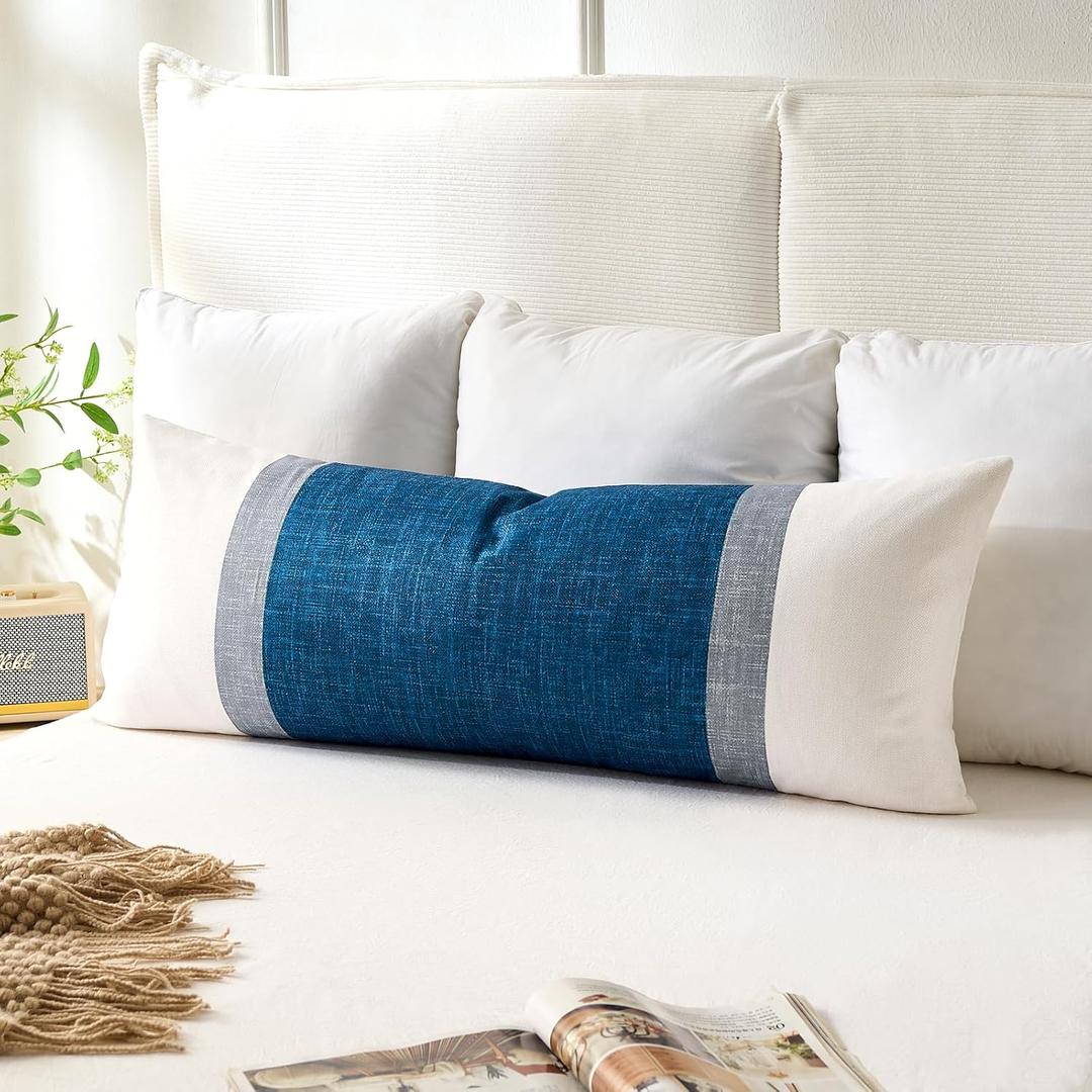 Throw Pillows Covers for Home, Lumbar Porch Pillow 14x36 Inch White Grey and Blue Striped Long Body Pillow for Bed Modern Farmhouse Decorative Accent Cushion Covers for Bed Couch Sofa Set of 1