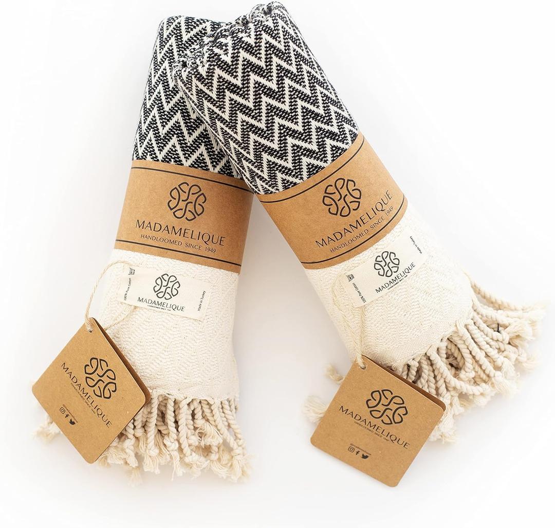 Madamelique Exclusive Hand Towels Set of 2-18 x 40 Inches - Decorative Bathroom Peshtemal Towel for Hand, Face, Hair, Yoga, Tea, Dishcloth, Kitchen and Bath - 100% Pure Cotton (Black)