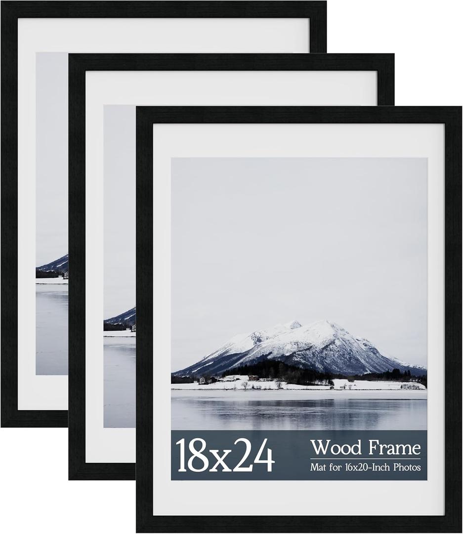 18x24 Poster Frame 3 Pack, Fits 12x16 with Mat or 18x24 Without, Black Wood