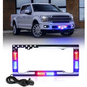 Xprite 36 LED License Plate Strobe Light, US Flag Front/Rear Police Light, 22 Flash Modes Emergency Safety Warning LED License Frame for Police Car Vehicle Truck, Red Blue (w/Pre-Installed 9FT Cable)