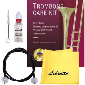Libretto Trombone All-Inclusive Care Kit: Flexible Bore Brush + Mouthpiece Brush + Slide Oil+ Microfiber Cleaning Cloth + Slide Grease, w/Handy Case, Time to Clean & Extend Life of Your Trombone!