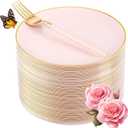 LIYH 96 Pcs Pink Gold Disposable Dessert Plates & Forks Set - 7.5 Inch Salad Cake Appetizer Plastic Plates for Parties, Birthdays, Baby Showers 48 Guests