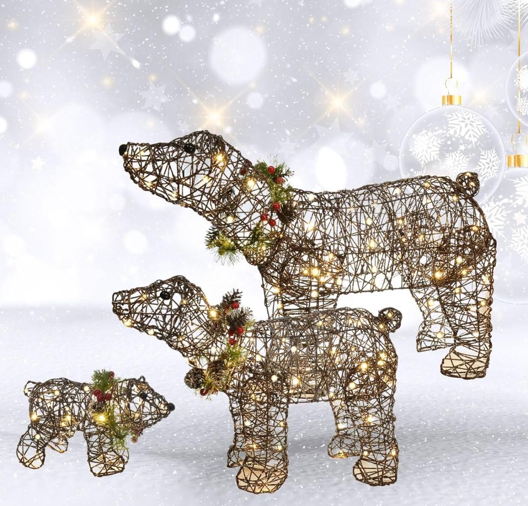 Lighted Christmas Decorations Outdoor Rattan Polar Bear 3-Piece - HOYECHI Polar Bear Family with 140 LED Lights, Zip Ties, Ground Stakes for Front Yard, Lawn - Rattan/Brown