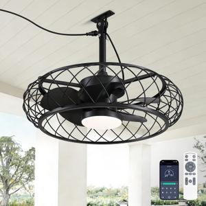 24" Covered Outdoor Caged Ceiling Fan with Light, Plug-in Splash Resistant Gazebo Fan with Remote & APP Control, 3CCT Dimmable Quiet Reversible DC Motor for Covered Patio Pergola Porch Black