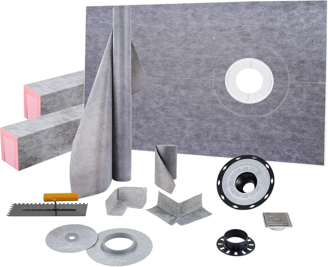 VEVOR Shower Curb Kit 38" x 60" Watertight Shower Curb Overlay with 4" PVC Offset Bonding Flange, 4" Stainless Steel Grate, 2 Cuttable Shower Curb and Trowel, Shower Pan Slope Sticks Fit for Bathroom