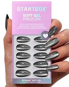 BTArtbox Press On Nails Almond - Spooky, Sparkle Cat Eye Grey Press on Nails with Nail Glue for Woman, Medium Soft Gel Glue On Nails in 15 Sizes - 30 Stick On Nails Kit