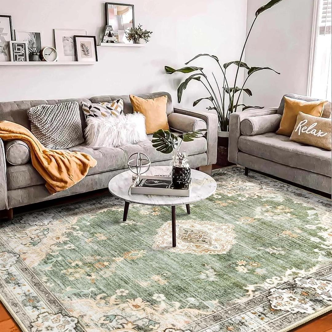 MUJOO Green Rug 8'x10' Area Rugs for Living Room Washable Rugs Large Area Rug Boho Area Rug 8'x10' for Bedroom Non Slip Abstract Soft Low-Pile Floral Flowers