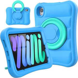 Kids Case for iPad mini 7 (A17 Pro) 2024 / Mini 6th Gen 2021 8.3 inch Lightweight Flexible Shockproof Rotating Stand Handle Rugged Cover for iPad mini 7th 6 Generation Girls Boys, Blue 