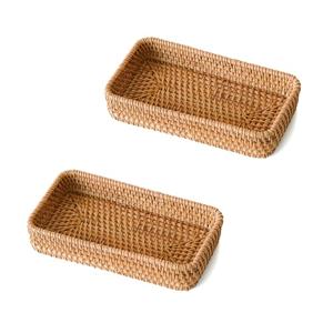 2 Pack Small Rattan Serving Tray, Natural Wicker Decorative Tray Handwoven for Keys Trinkets Rings Cosmetics, Decorative Jewelry Perfume Tray for Coffee Table Entryway Living Room(8.2" × 4.3")