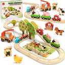 Lehoo Castle Wooden Train Set for Toddlers 2-4 - Wooden Train Track Set for Kids, Farm Animal Train Toys for 3 4 5 6 Year Old Boy Girl Birthday Gifts