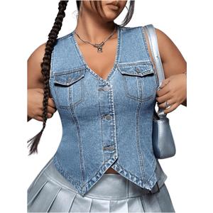 Floerns Women's Plus Size Sleeveless Button Down Jean Vest V Neck Denim Jacket (X-Large Plus, Light Blue)