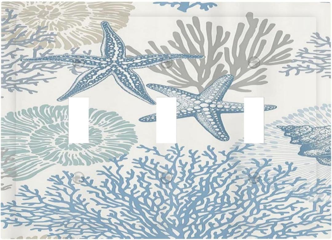Decorative Light Switch Plate Covers Blue Starfish Coral Seaweed 3 Gang Light Switch Cover Plate Triple Toggle Wall Plate Outlet Covers for Bathroom Bedroom Decor