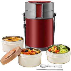 82oz Thermo Container For Hot Food, 3 Tier Wide Mouth Insulated Stackable Food Container, lunch box for Work Office Outdoors Picnic (RED)