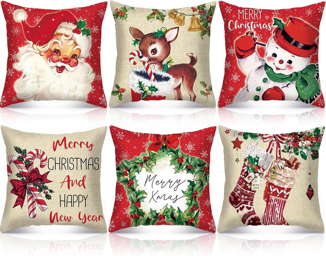 Vintage Red Retro Santa Candy Cane Square Pillowcases Set of 6 - 18x18 - Snowman, Reindeer, Throw Pillows for Xmas Winter Home Decor