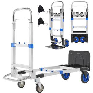 Upgraded 3 in 1 Aluminum Folding Hand Truck, 600lbs Capacity, Heavy Duty Convertible Dolly with Retractable Handle and 4 Rubber Wheels, Collapsible Cart for Moving Home, Office, Warehouse (Blue)