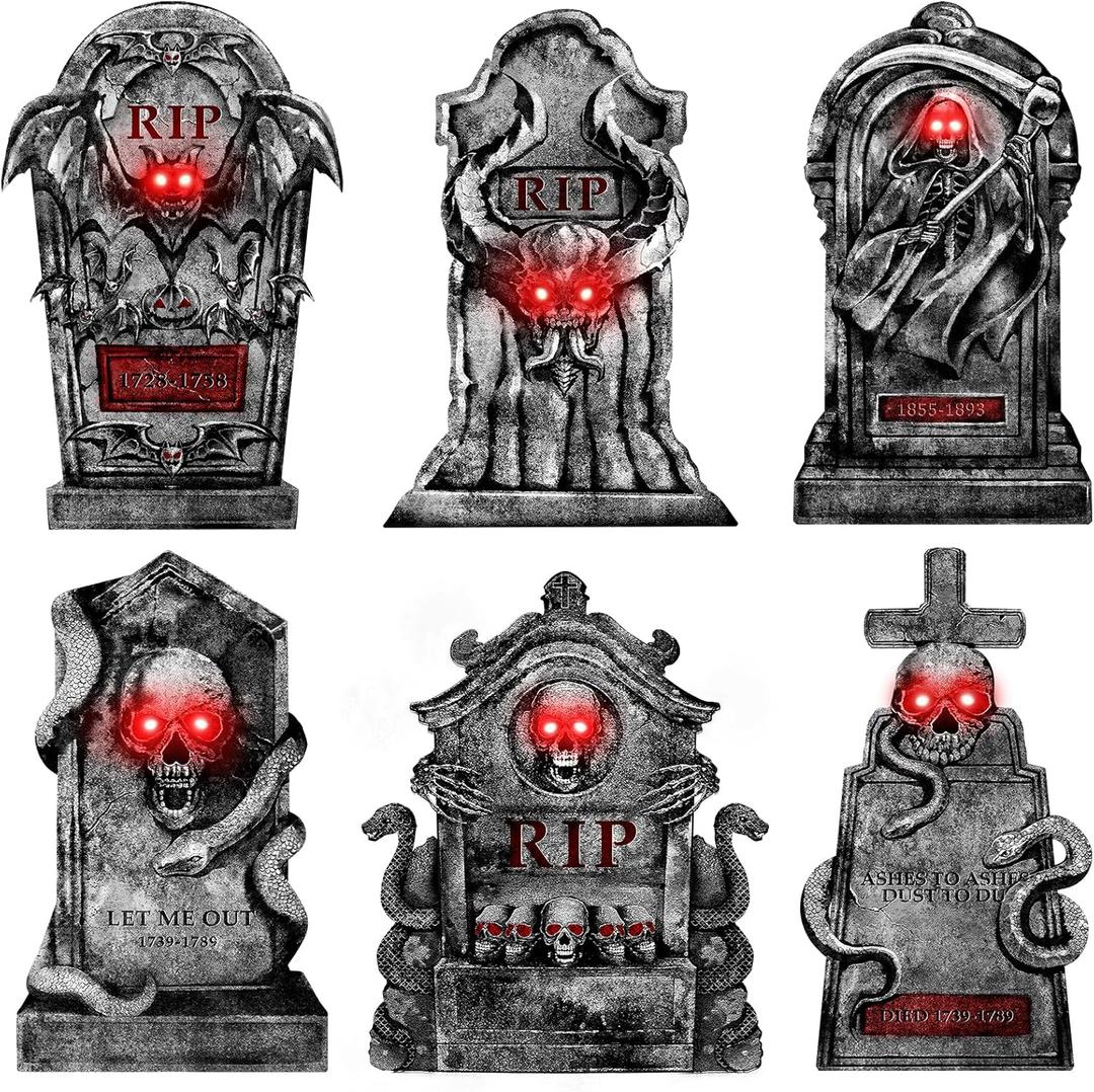 Outdoor Halloween Decorations Graveyard Tombstones: 6pcs Large Halloween Gravestone Yard Signs with Stakes, Red LED Lights in Eyes, Battery Included, 16" Scary Skeleton RIP Cemetery Headstones Dcor
