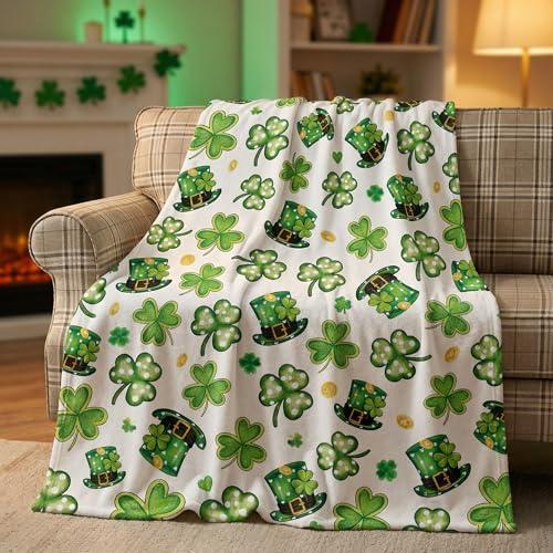 Horaldaily St. Patrick's Day Flannel Blanket Throw, Clover Shamrock Hat White Soft Fuzzy Plush Cozy Fleece Blankets for Couch Sofa Bed Lounging, Ideal Gifts for Kids Adults Self, 50x60