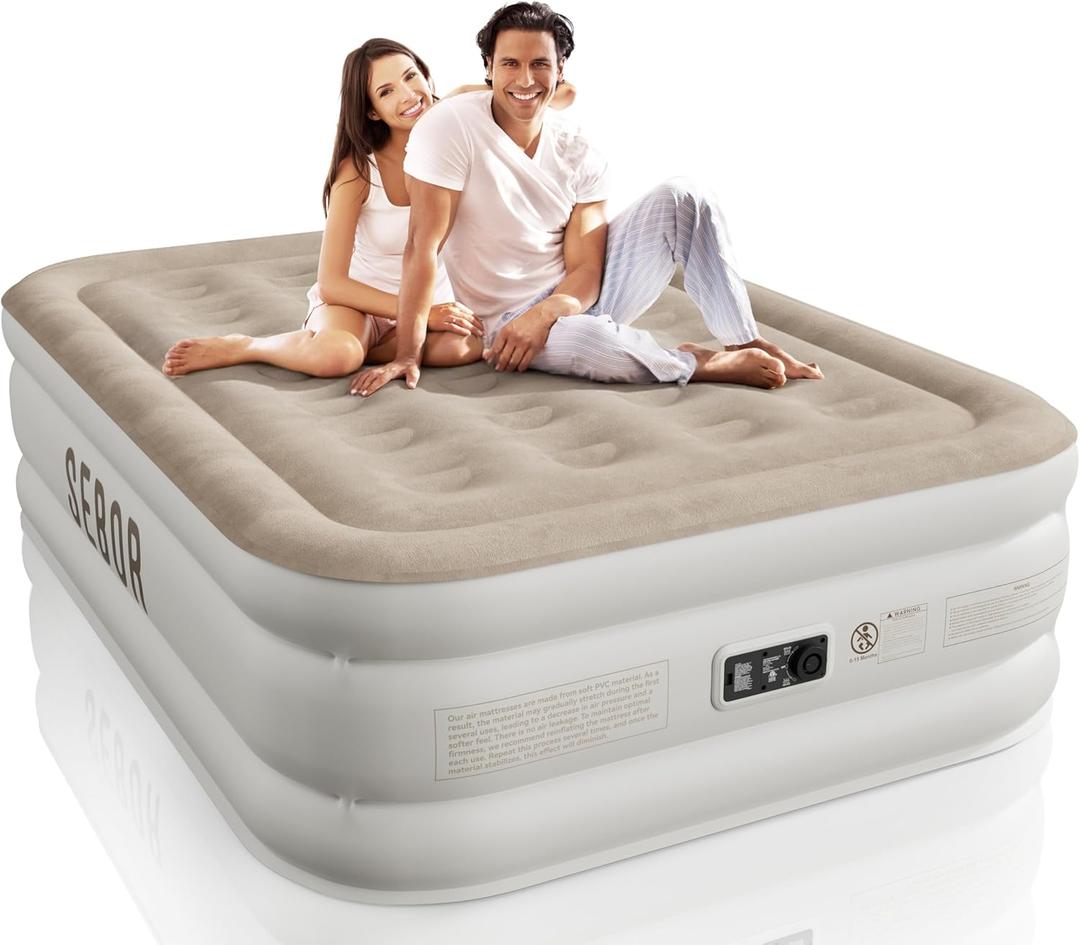 Sebor Air Mattress Full with Built-in Pump 18", Comfortable Self-Inflating Air Mattress with High-Speed Pump, Durable Blow Up Mattress Full with Storage Bag for Guests, Camping, Travel (Khaki)