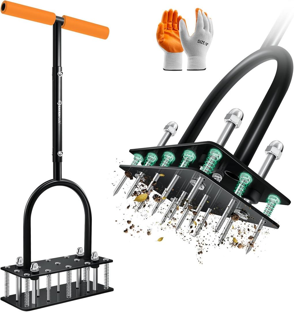 Lawn Aerator Tool, Manual Metal Spike Aerator Lawn Tool with Spring Base, Automatic Leaf and Dirt Cleaning, Grass Aerator for Lawn Care, Soil Loosening, Yard Aerating, Garden Tool