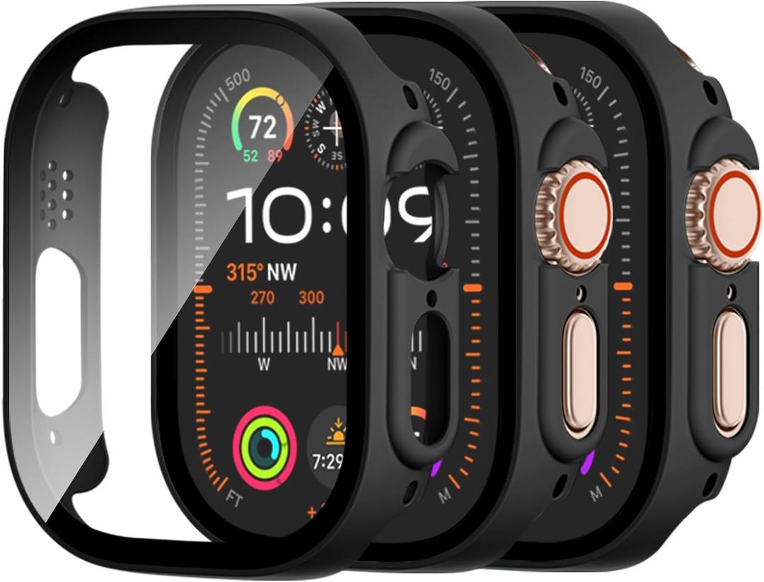 Adorve [3 Pack] Tempered Glass Case for Apple Watch Ultra 3/Ultra 2 /Ultra Screen Protector, Hard PC Face Cover Overall Protection Anti-Scratch Bumper Cases for iWatch 49mm Accessories, All Back (Black/Black/Black)